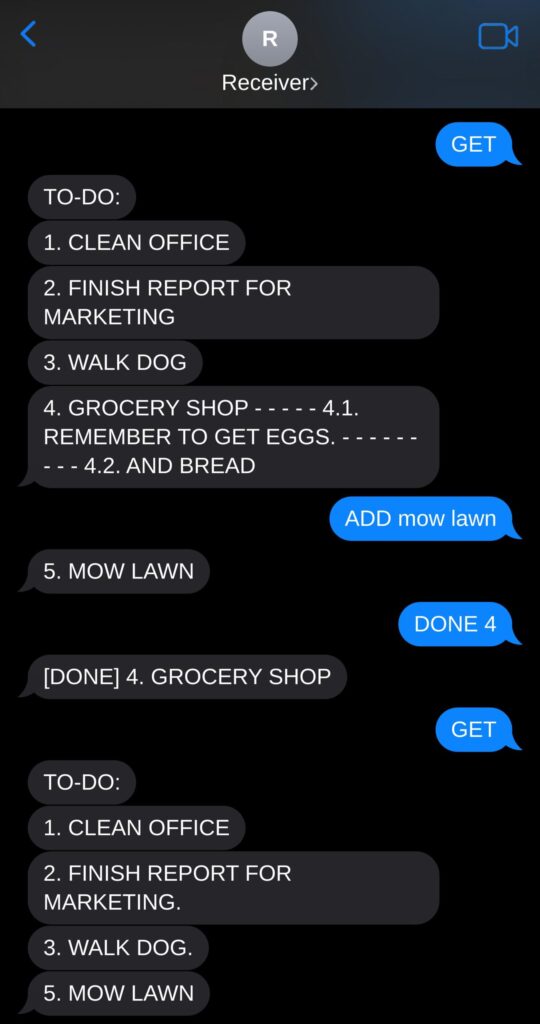 A text message exchange between a user and Simple To-Do. The user texts "GET" to receive their list of items as a text. The user then texts "ADD mow lawn", where the service responds with "5. MOW LAWN". Then the user texts "DONE 4", and receives "[DONE] 4. GROCERY SHOP". Lastly, the user says "GET" and another list is sent with the updates. 